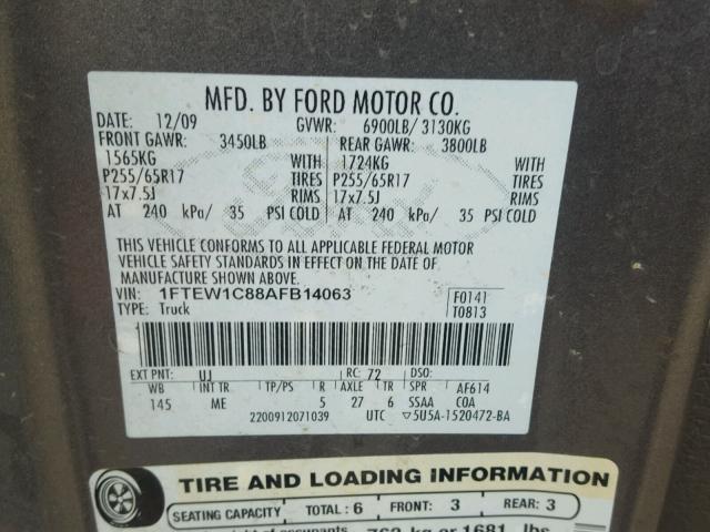 1FTEW1C88AFB14063 - 2010 FORD F150 SUPER GRAY photo 10