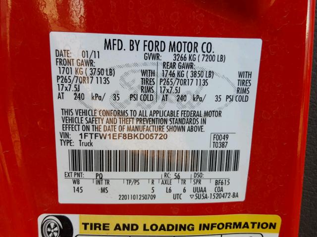 1FTFW1EF8BKD05720 - 2011 FORD F150 SUPER RED photo 10