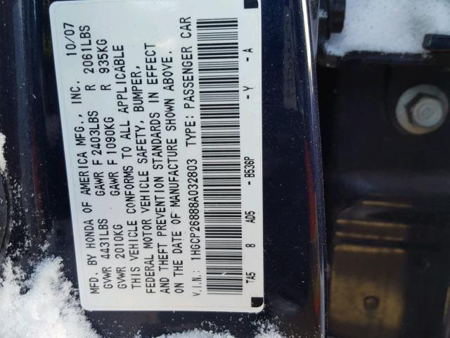 1HGCP26888A032803 - 2008 HONDA ACCORD EXL BLUE photo 10