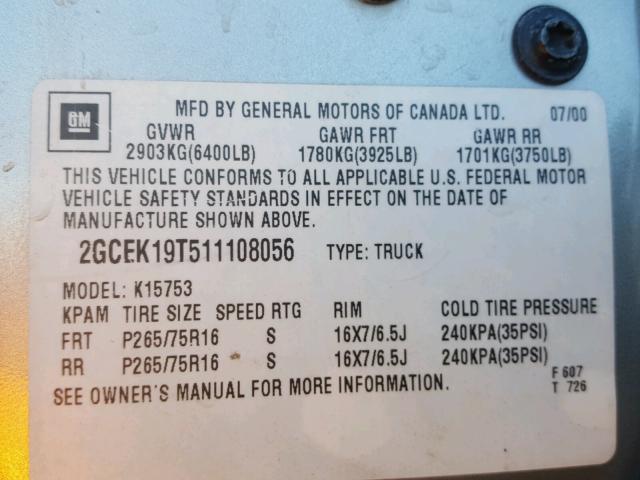 2GCEK19T511108056 - 2001 CHEVROLET SILVERADO TAN photo 10