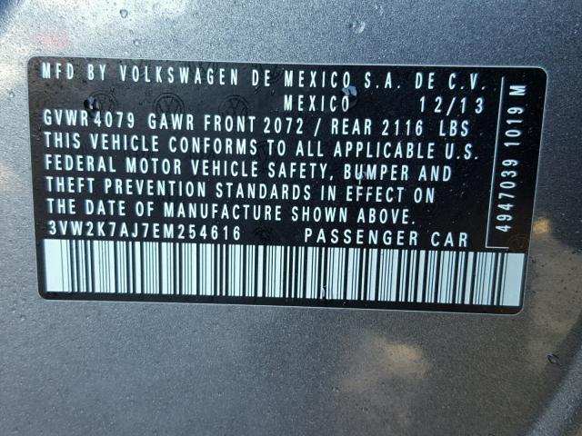 3VW2K7AJ7EM254616 - 2014 VOLKSWAGEN JETTA BASE GRAY photo 10