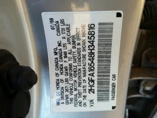 2HGFA16548H345816 - 2008 HONDA CIVIC LX SILVER photo 10