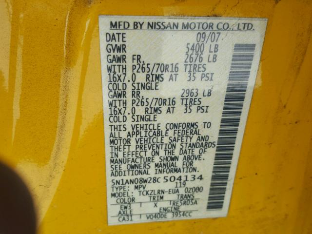 5N1AN08W28C504134 - 2008 NISSAN XTERRA OFF YELLOW photo 10