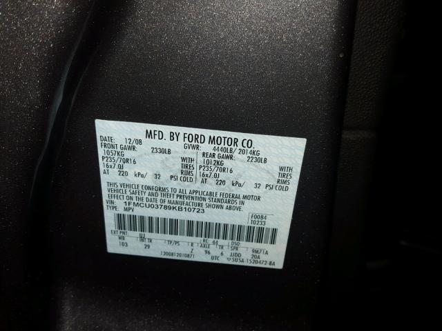 1FMCU03789KB10723 - 2009 FORD ESCAPE XLT GRAY photo 10