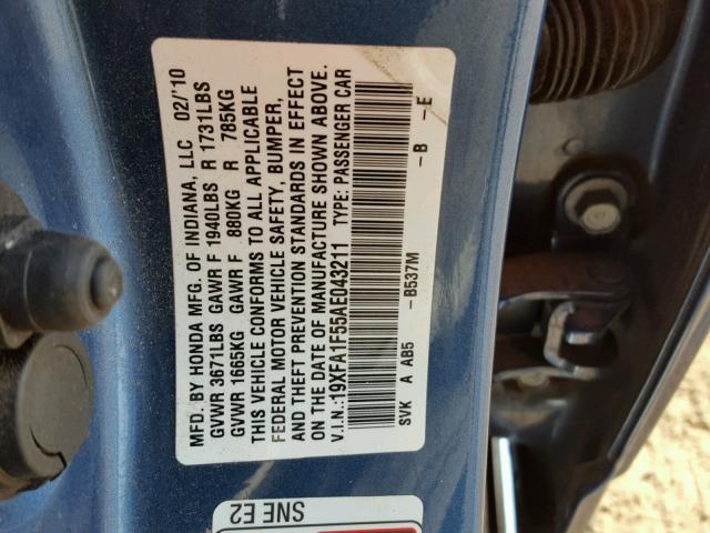 19XFA1F55AE043211 - 2010 HONDA CIVIC LX BLUE photo 10