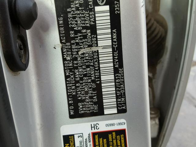 4T1BE46K59U340062 - 2009 TOYOTA CAMRY BASE SILVER photo 10