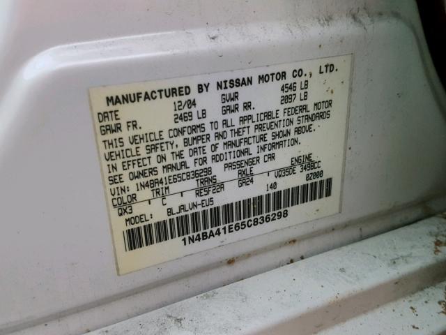 1N4BA41E65C836298 - 2005 NISSAN MAXIMA SE WHITE photo 10