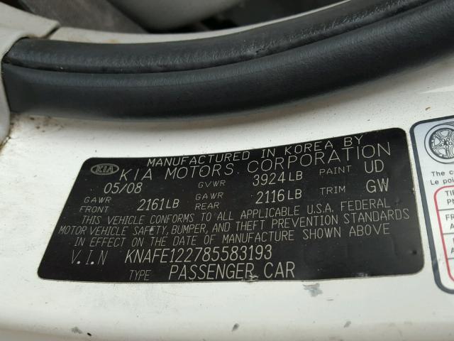 KNAFE122785583193 - 2008 KIA SPECTRA EX WHITE photo 10