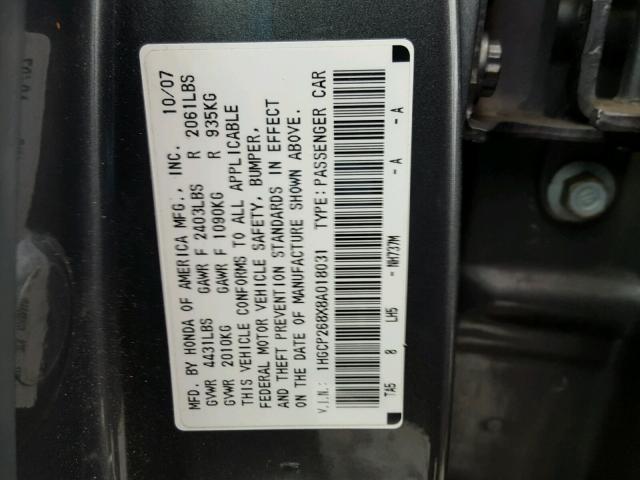 1HGCP268X8A018031 - 2008 HONDA ACCORD EXL GRAY photo 10