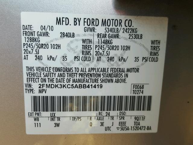 2FMDK3KC5ABB41419 - 2010 FORD EDGE LIMIT SILVER photo 10