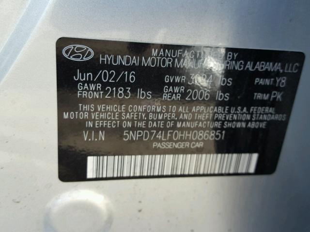 5NPD74LF0HH086851 - 2017 HYUNDAI ELANTRA SE SILVER photo 10