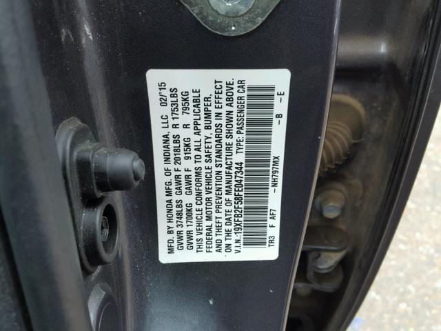 19XFB2F58FE047344 - 2015 HONDA CIVIC LX CHARCOAL photo 10