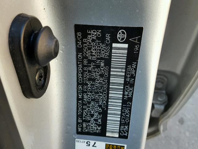 JTDKB20UX83410655 - 2008 TOYOTA PRIUS SILVER photo 10