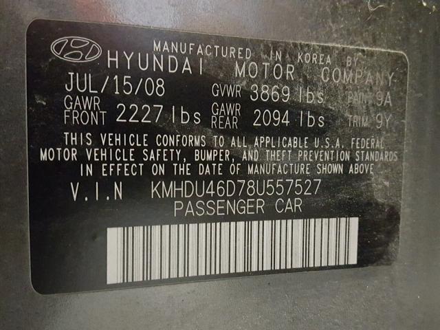 KMHDU46D78U557527 - 2008 HYUNDAI ELANTRA GL GRAY photo 10