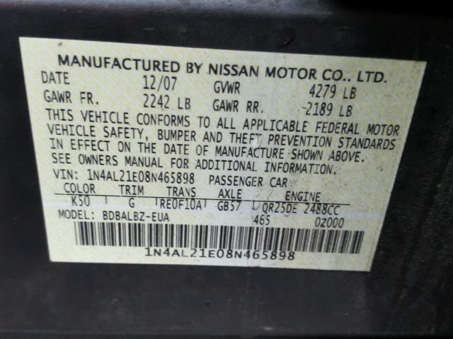 1N4AL21E08N465898 - 2008 NISSAN ALTIMA 2.5 GRAY photo 10