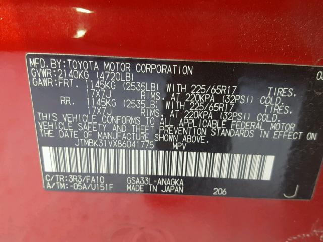 JTMBK31VX86041775 - 2008 TOYOTA RAV4 LIMIT RED photo 10