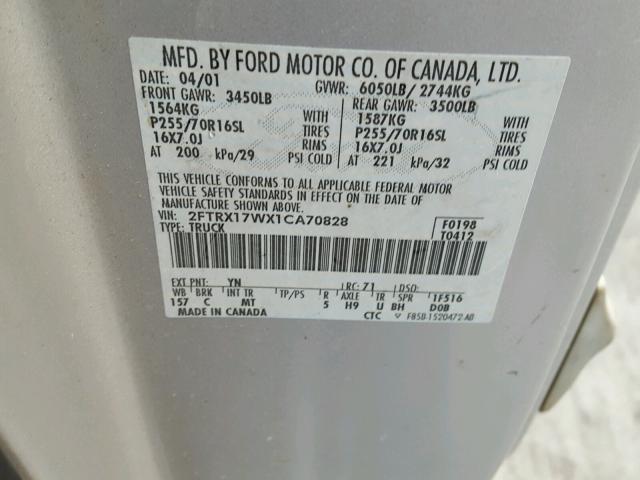 2FTRX17WX1CA70828 - 2001 FORD F150 SILVER photo 10