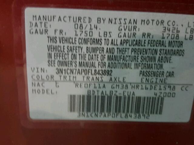 3N1CN7AP0FL843892 - 2015 NISSAN VERSA S BURGUNDY photo 10