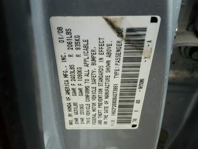 1HGCP26808A073961 - 2008 HONDA ACCORD EXL SILVER photo 10