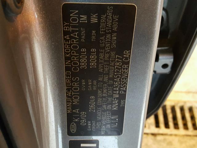 KNAFW4A36A5127877 - 2010 KIA FORTE SX GRAY photo 10