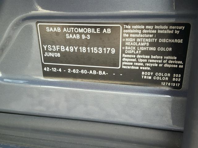 YS3FB49Y181153179 - 2008 SAAB 9-3 2.0T GRAY photo 10