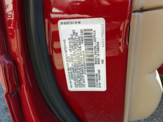 2T1CG22P41C530610 - 2001 TOYOTA CAMRY SOLA RED photo 10