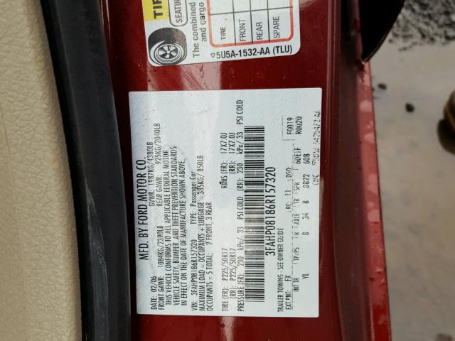 3FAHP08186R157320 - 2006 FORD FUSION SEL RED photo 10