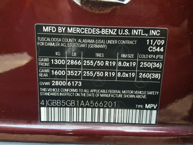 4JGBB5GB1AA566201 - 2010 MERCEDES-BENZ ML 350 BURGUNDY photo 10