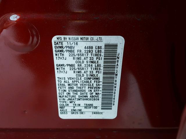 JN8AT2MT8HW382609 - 2017 NISSAN ROGUE S RED photo 10