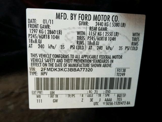 2FMDK3KC3BBA77320 - 2011 FORD EDGE LIMIT BLACK photo 10