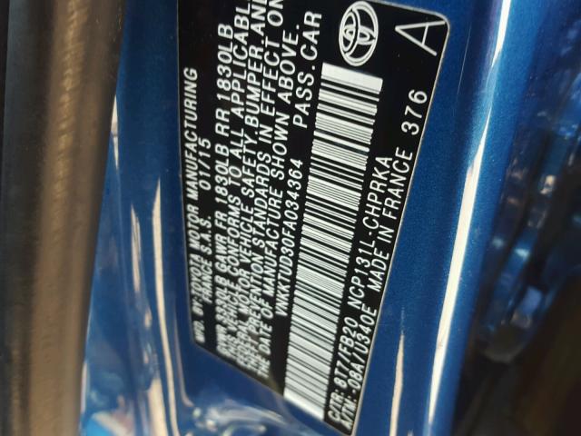 VNKKTUD30FA034364 - 2015 TOYOTA YARIS BLUE photo 10