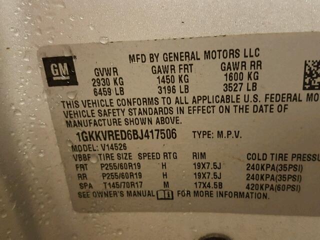1GKKVRED6BJ417506 - 2011 GMC ACADIA SLT ვერცხლისფერი ფოტო 10
