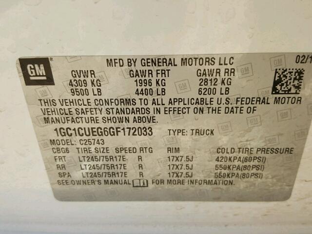 1GC1CUEG6GF172033 - 2016 CHEVROLET SILVERADO WHITE photo 10