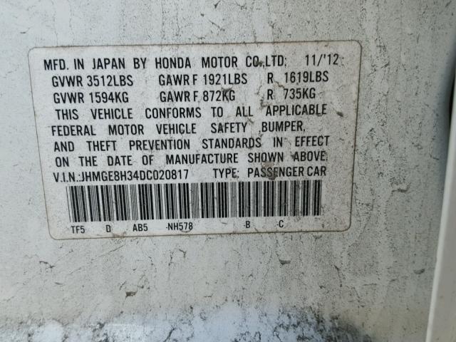 JHMGE8H34DC020817 - 2013 HONDA FIT WHITE photo 10