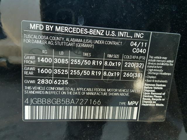 4JGBB8GB5BA727166 - 2011 MERCEDES-BENZ ML 350 4MA BLACK photo 10