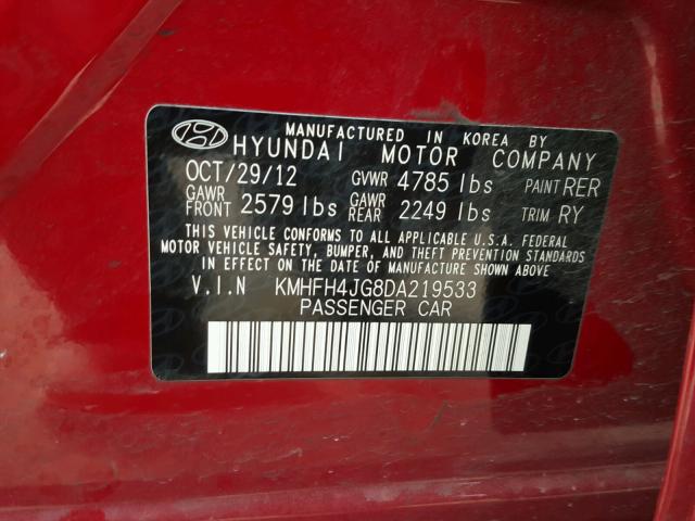 KMHFH4JG8DA219533 - 2013 HYUNDAI AZERA GLS RED photo 10