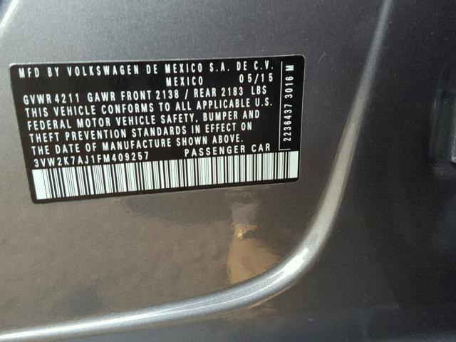 3VW2K7AJ1FM409257 - 2015 VOLKSWAGEN JETTA BASE ნაცრისფერი ფოტო 10