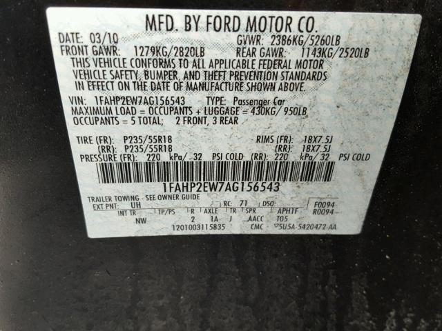 1FAHP2EW7AG156543 - 2010 FORD TAURUS SEL BLACK photo 10