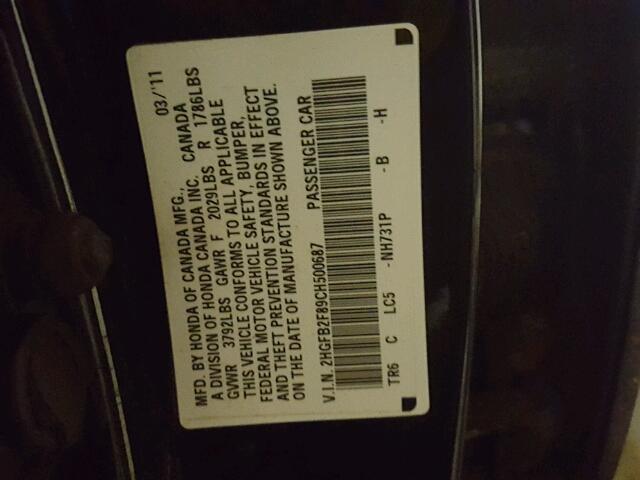 2HGFB2F89CH500687 - 2012 HONDA CIVIC EX 黑色 照片 10