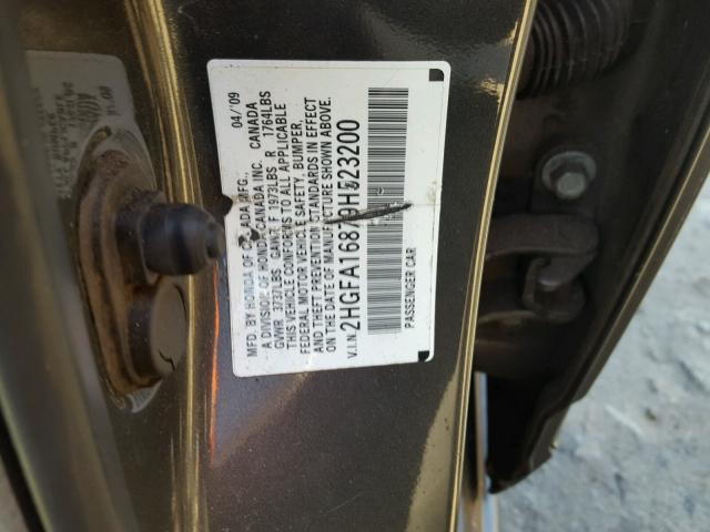 2HGFA16879H523200 - 2009 HONDA CIVIC EX GRAY photo 10