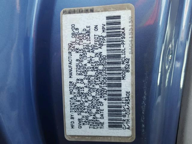 4T3ZF13C81U325090 - 2001 TOYOTA SIENNA LE BLUE photo 10