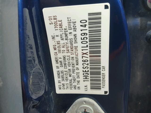 1HGES267X1L059140 - 2001 HONDA CIVIC EX 蓝色 照片 10