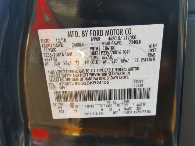 1FMCU9EG2BKB24155 - 2011 FORD ESCAPE LIM BLACK photo 10