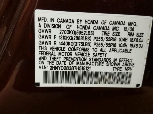 2HNYD28387H515121 - 2007 ACURA MDX TECHNO MAROON photo 10