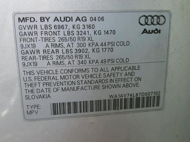 WA1AV74L87D007102 - 2007 AUDI Q7 4.2 QUA SILVER photo 10