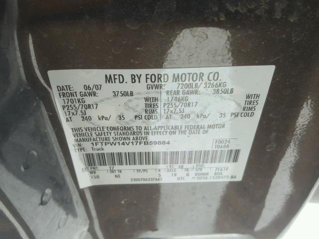 1FTPW14V17FB59884 - 2007 FORD F150 SUPER GRAY photo 10