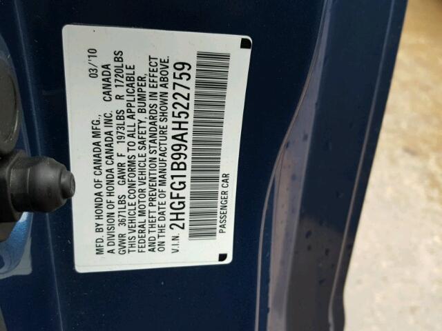 2HGFG1B99AH522759 - 2010 HONDA CIVIC EXL 蓝色 照片 10