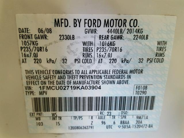 1FMCU02719KA03904 - 2009 FORD ESCAPE XLS WHITE photo 10