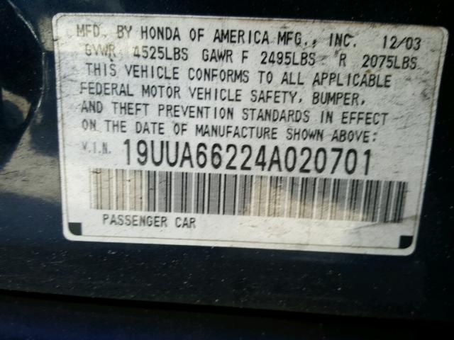 19UUA66224A020701 - 2004 ACURA TL BLUE photo 10