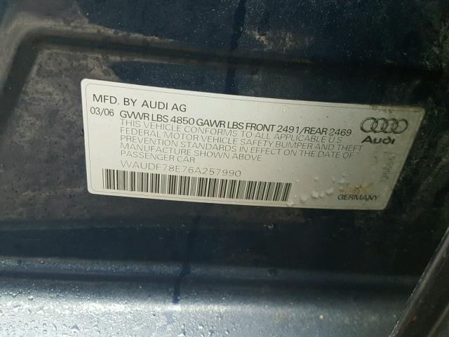 WAUDF78E76A257990 - 2006 AUDI A4 2.0T QU BLUE photo 10